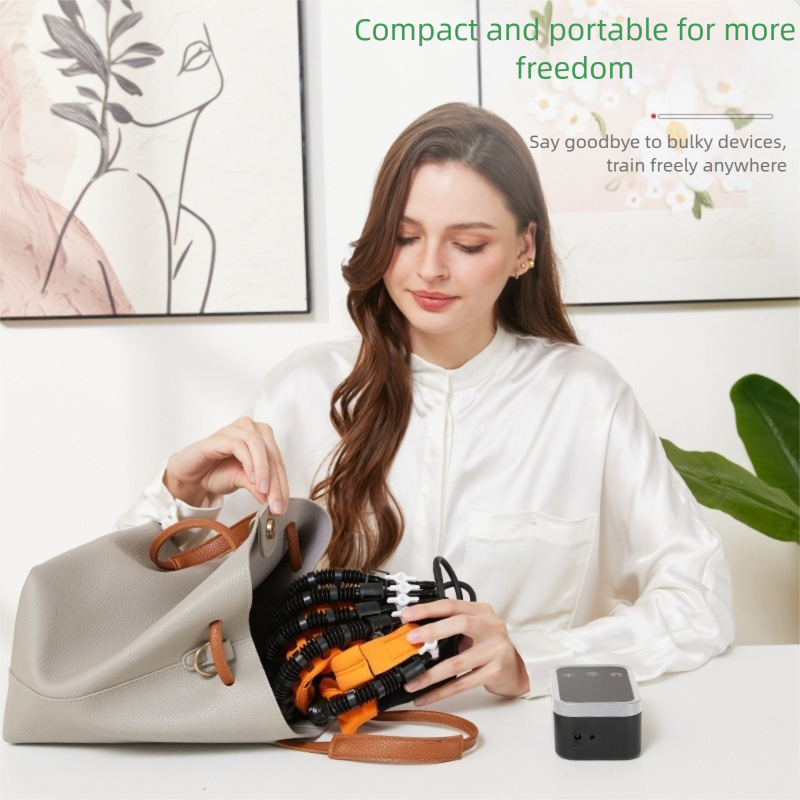 Woman using smart rehabilitation glove for finger mobility exercise